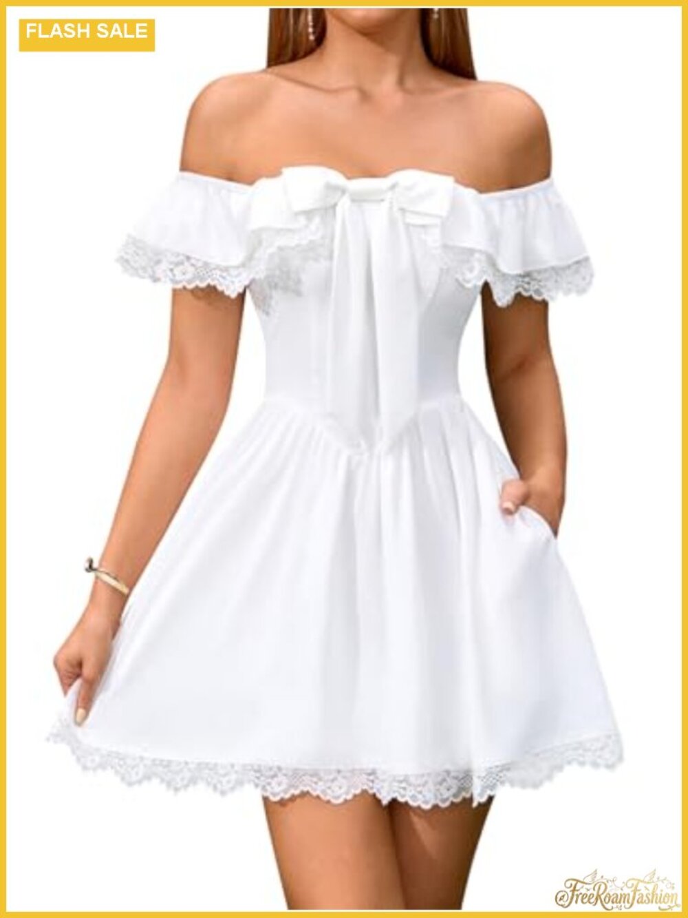 Women's Off Shoulder Mini Dress Lace Bow A Line Casual with Pocket - Picture 1 of 5